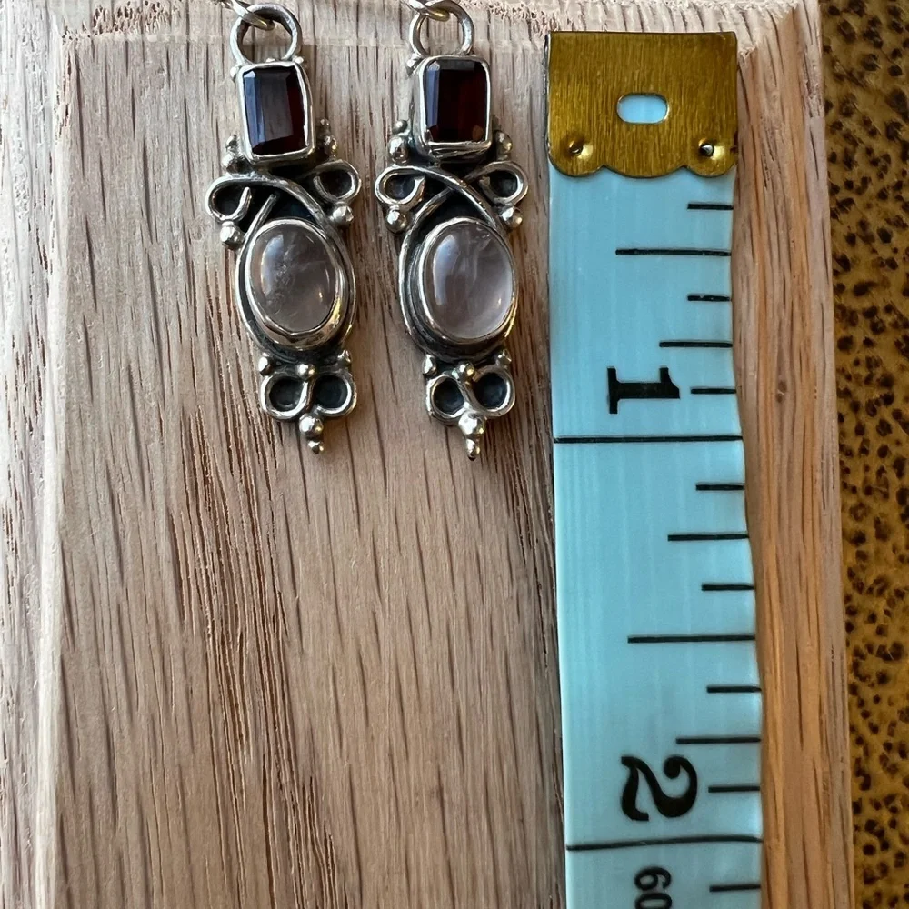 Garnet & Rose Quartz Drop Earrings Vintage Sterling Silver 925 NOS - Picture 5 of 5